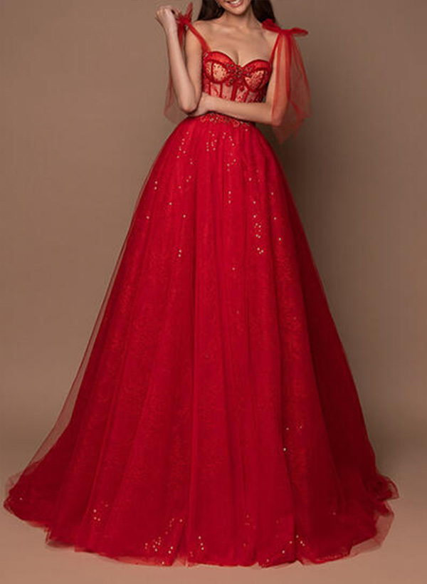 Ball-Gown Sweetheart Tulle Sleeveless Court Train Evening Dress With Bow(s) Lace