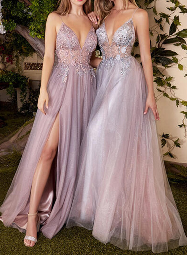 A-Line V-Neck Tulle  Sleeveless Floor-Length Evening Dresses With Split Front Appliques Lace Beading