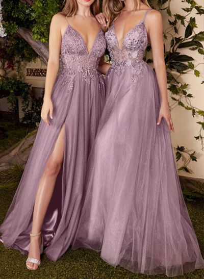 A-Line V-Neck Tulle Sleeveless Evening Dresses With Split Front Appliques Lace Beading