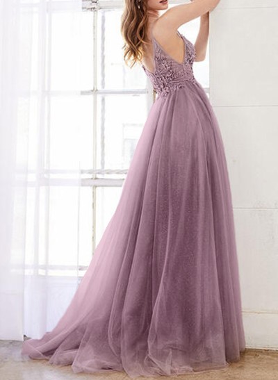 A-Line V-Neck Tulle Sleeveless Evening Dresses With Split Front Appliques Lace Beading