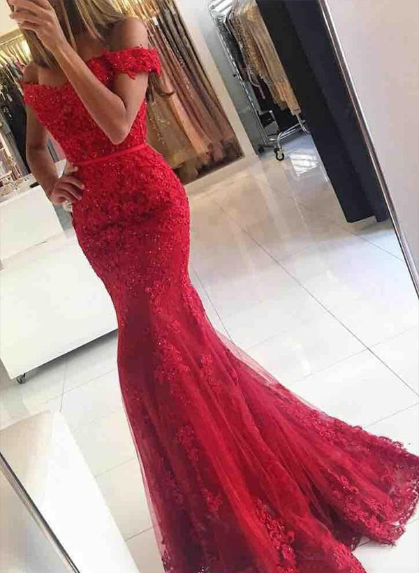 Trumpet/Mermaid Off-The-Shoulder Lace Floor-Length Evening Dress With Appliques Lace Beading
