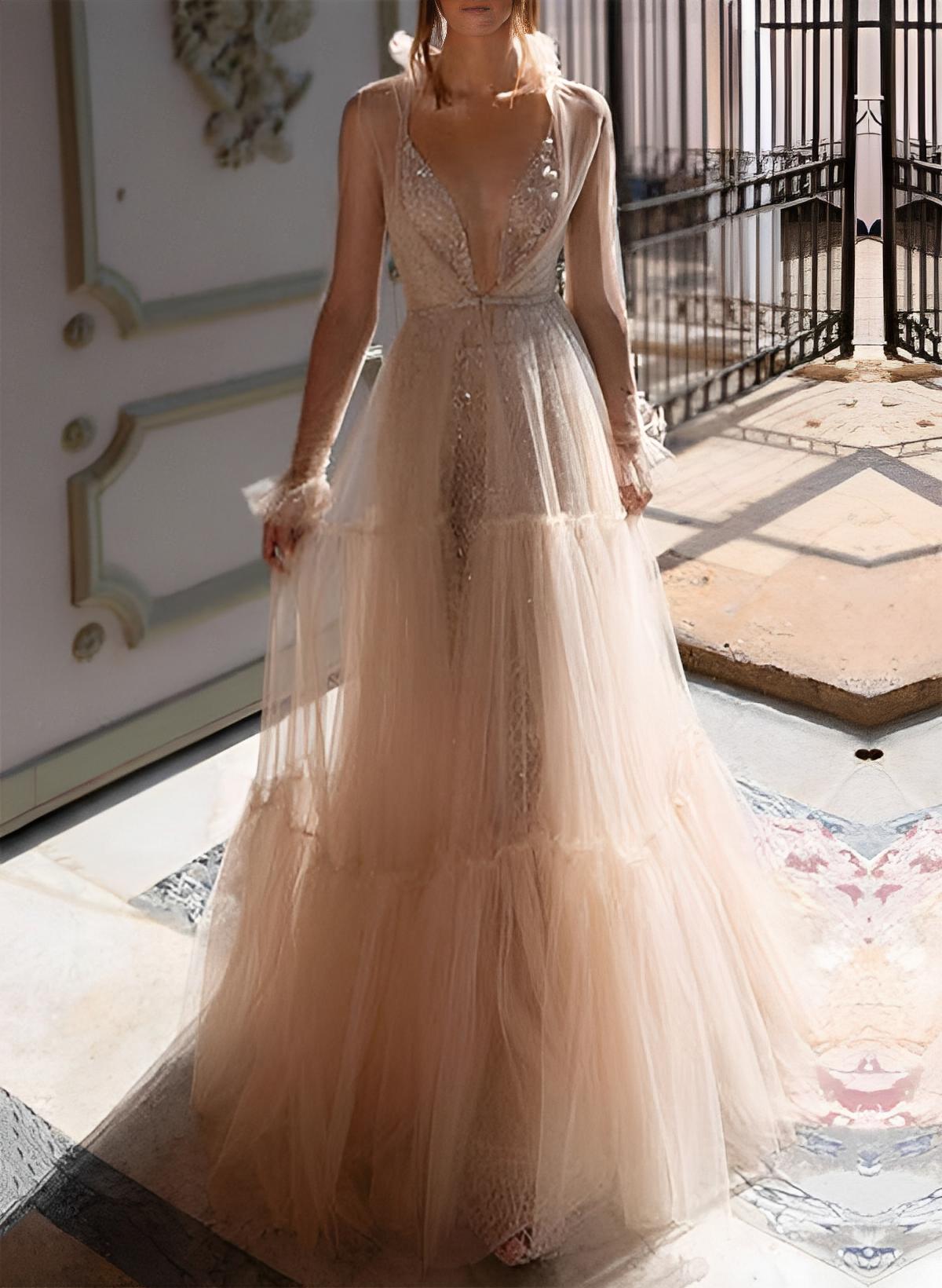 A-Line/Princess V-Neck Tulle  Long Sleeves Floor-Length  Evening Dresses With Sequins