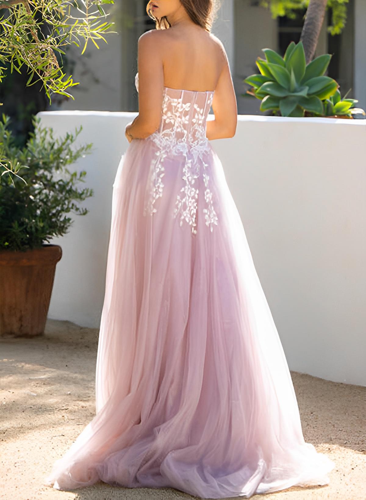 A-Line/Princess Strapless Tulle Lace Sleeveless Floor-Length Evening Dresses With Appliques Lace