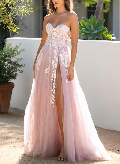 A-Line/Princess Strapless Tulle Lace Sleeveless Floor-Length Evening Dresses With Appliques Lace