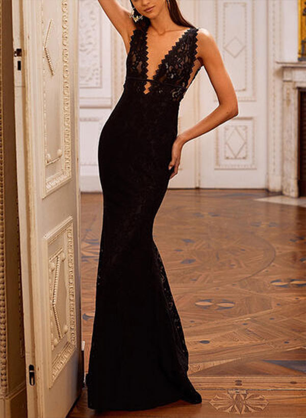 Trumpet/Mermaid V-Neck Lace Sleeveless Sweep Train Evening Dresses With Lace