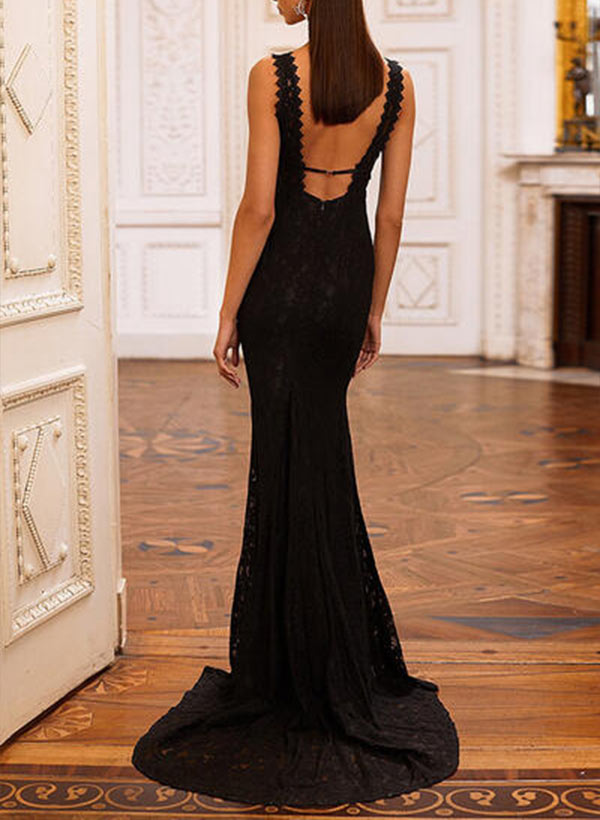 Trumpet/Mermaid V-Neck Lace Sleeveless Sweep Train Evening Dresses With Lace