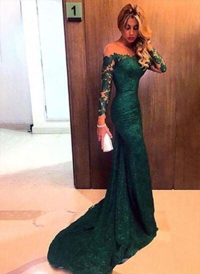 Trumpet/Mermaid Off-the-Shoulder Lace  Long Sleeves Sweep Train Evening Dresses With Lace