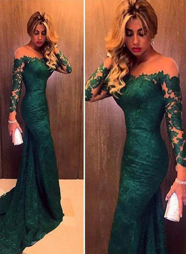 Trumpet/Mermaid Off-the-Shoulder Lace  Long Sleeves Sweep Train Evening Dresses With Lace