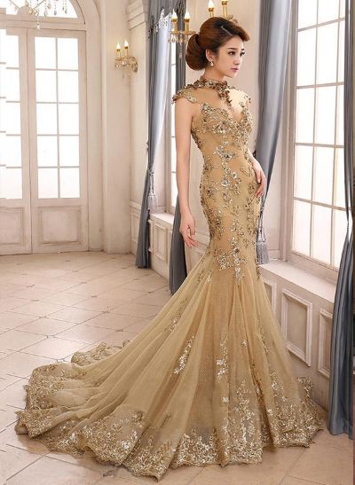 Trumpet/Mermaid High-Neck Tulle  Court Train Tulle Prom Dresses With Appliques Lace
