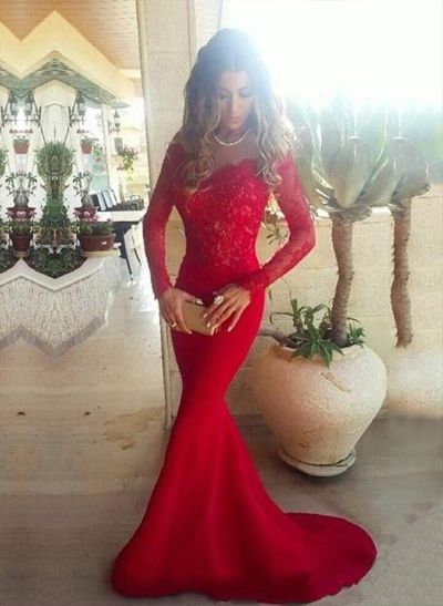 Trumpet/Mermaid Off-The-Shoulder Elastic Satin Sweep Train Evening Dresses With Lace