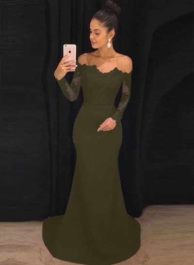 Trumpet/Mermaid Elastic Satin Off-The-Shoulder Court Train Evening Dresses With Appliques Lace