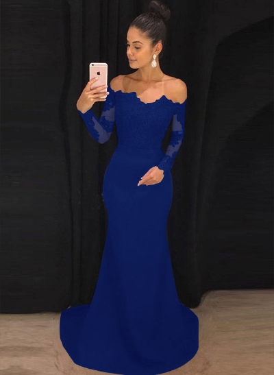 Trumpet/Mermaid Elastic Satin Off-The-Shoulder Court Train Evening Dresses With Appliques Lace