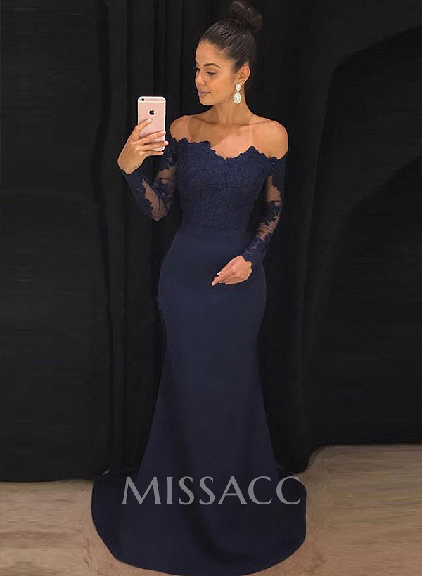 Trumpet/Mermaid Elastic Satin Off-The-Shoulder Court Train Evening Dresses With Appliques Lace