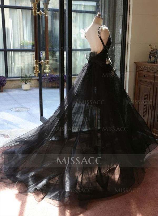 A-Line/Princess V-Neck Chapel Train Tulle Dress  With Flower(S)