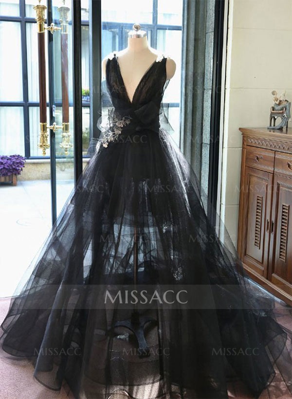 A-Line/Princess V-Neck Chapel Train Tulle Dress  With Flower(S)