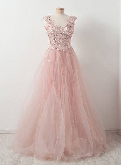 A-Line/Princess Scoop Neck Tulle Floor-Length Evening Dresses With Appliques Lace