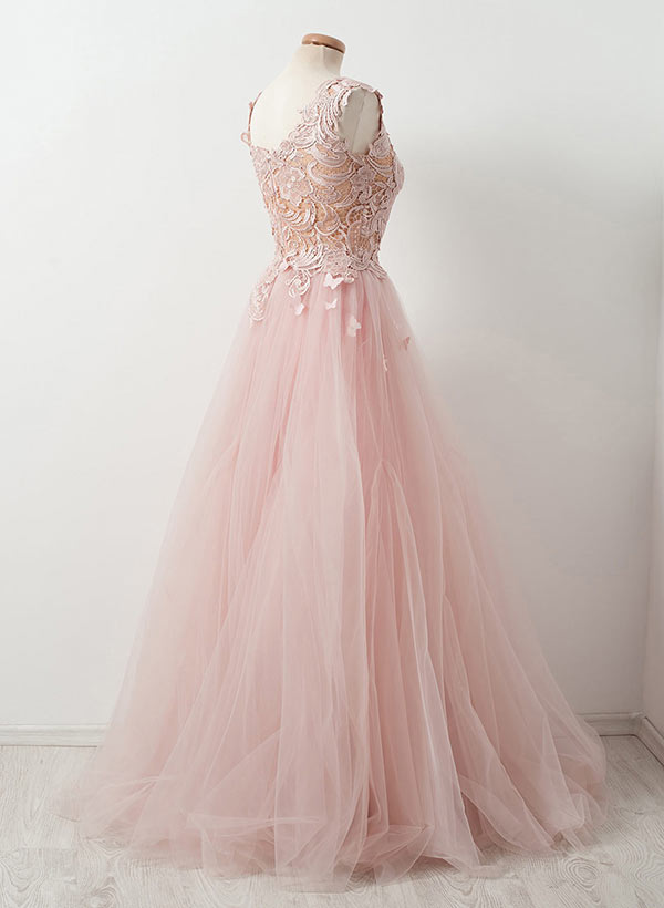 A-Line/Princess Scoop Neck Tulle Floor-Length Evening Dresses With Appliques Lace