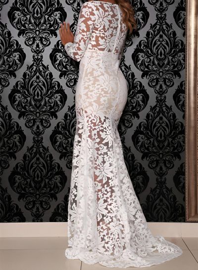 Trumpet/Mermaid  V-Neck Sweep Train Lace Evening Dresses With Split Front Lace