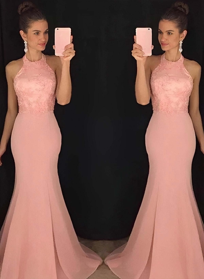 Trumpet/Mermaid Chiffon Halter Sleeveless Sweep Train Evening Dresses With Lace