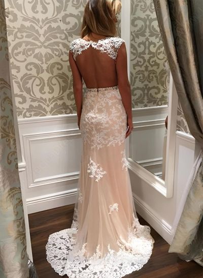 Sheath/Column Scoop Neck Lace Sweep Train Sleeveless Evening Dresses With Appliques Lace Beading