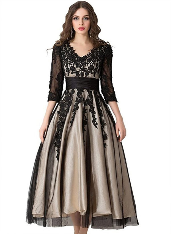 A-Line/Princess V Neck 1/2 Sleeves Tea-Length Tulle Evening Dresses With Appliques Lace
