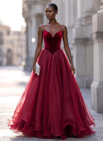 Ball-Gown Strapless Sleeveless Sweep Train Velvet/Organza Evening Dresses