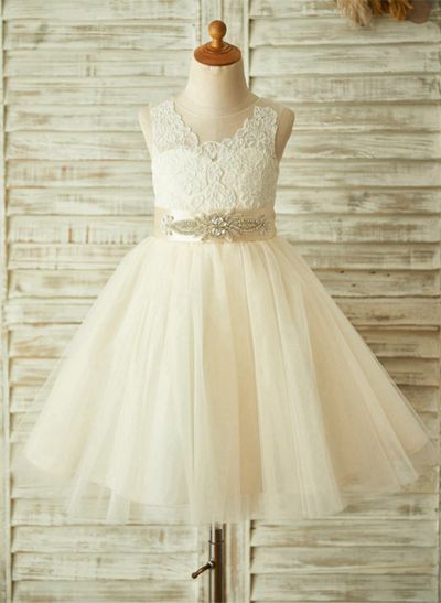 A-Line/Princess Scoop Neck Tea-Length Tulle Flower Girl Dresses With Sash/Lace
