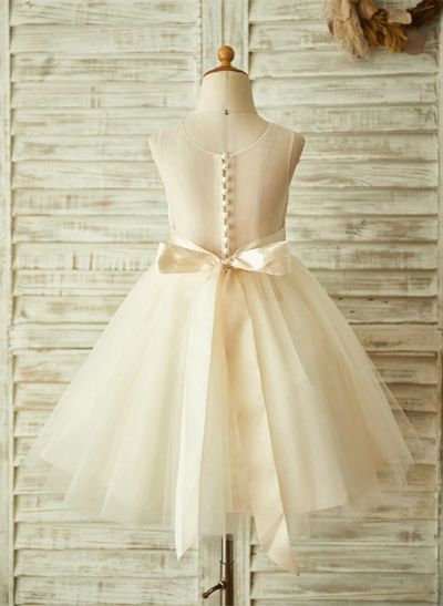 A-Line/Princess Scoop Neck Tea-Length Tulle Flower Girl Dresses With Sash/Lace