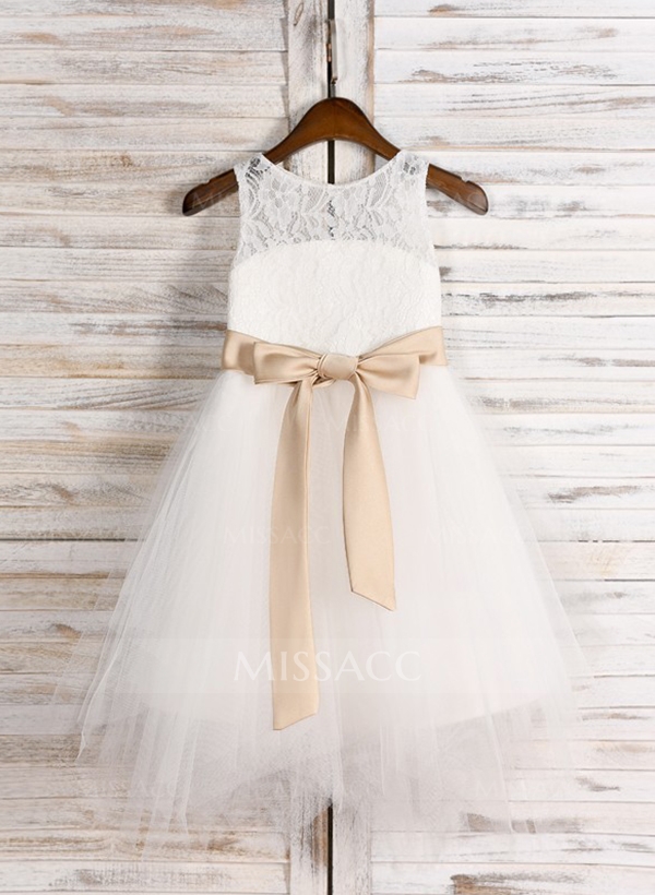 A-Line/Princess Scoop Neck Tea-Length Tulle Flower Girl Dresses With Sash/Bow(s)