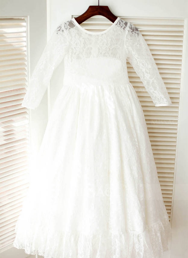 A-Line/Princess Scoop Neck Tea-Length Lace Flower Girl Dress With Sash