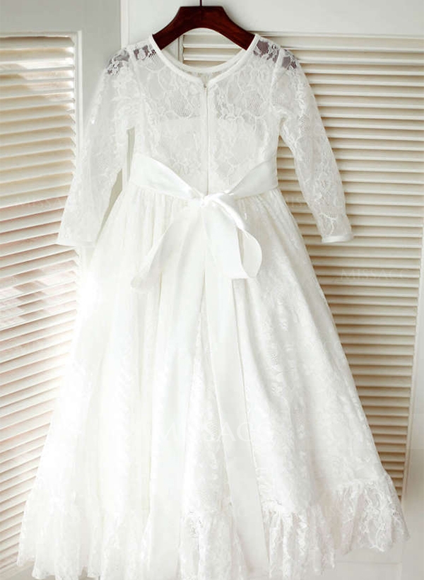 A-Line/Princess Scoop Neck Tea-Length Lace Flower Girl Dress With Sash