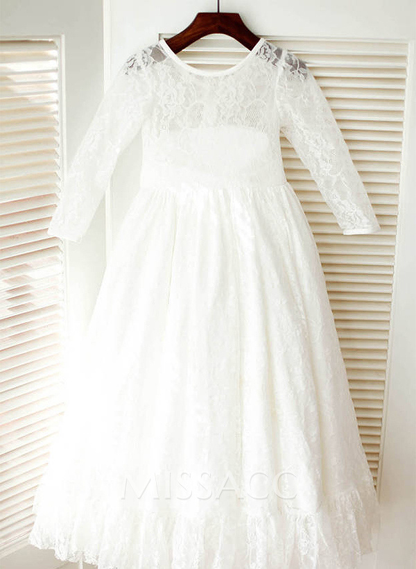 A-Line/Princess Scoop Neck Tea-Length Lace Flower Girl Dress With Sash A-Line/Princess Scoop Neck Tea-Length Lace Flower Girl Dress With Sash