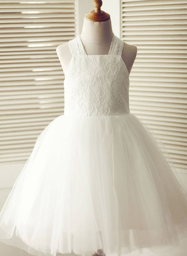 A-line/Princess Halter Knee-Length Lace Tulle Flower Girl Dress With Bowknot
