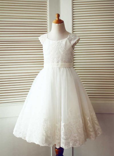 A-line/Princess Scoop Neck Tea-Length Lace Tulle Flower Girl Dress