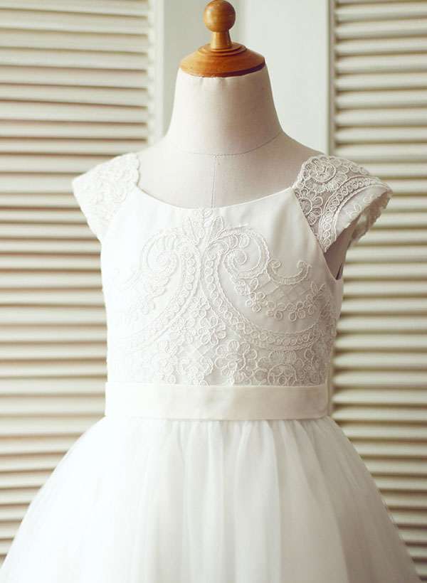 A-line/Princess Scoop Neck Tea-Length Lace Tulle Flower Girl Dress