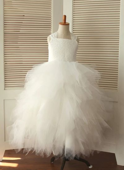 A-line/Princess Square Neckline Asymmetrical Tulle Flower Girl Dress With Bowknot