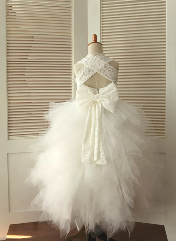 A-line/Princess Square Neckline Asymmetrical Tulle Flower Girl Dress With Bowknot