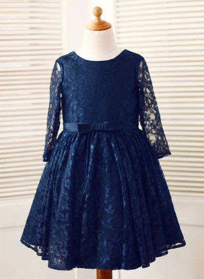 A-line/Princess Scoop Neck Knee-Length Lace Flower Girl Dresses With Bowknot Sash