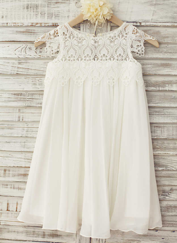 A-line/Princess Scoop Neck Knee-Length Chiffon Lace Flower Girl Dress WIth Ruffles