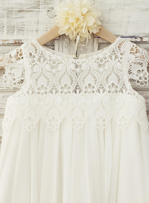 A-line/Princess Scoop Neck Knee-Length Chiffon Lace Flower Girl Dress WIth Ruffles