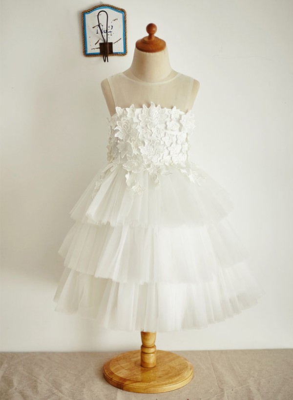 A-line/Princess Illusion Neck Knee-Length Lace Tulle Flower Girl Dress With Appliqued Lace