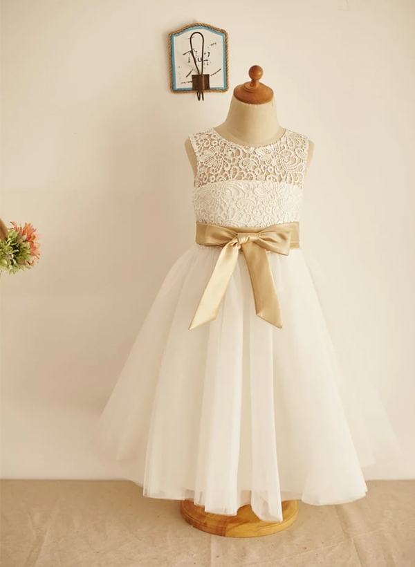 Ball Gown Illusion Neck Tea-Length Lace Tulle Flower Girl Dress With Sashes/Bow(S)