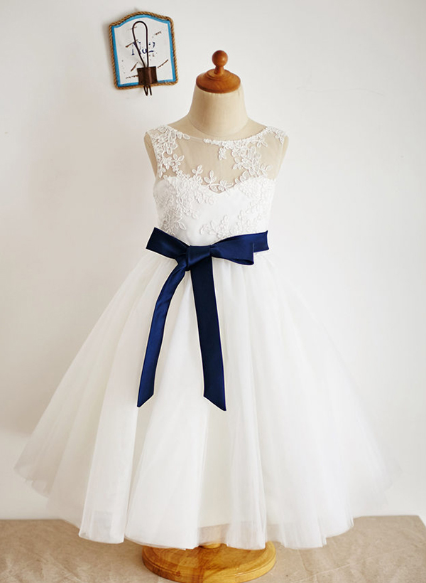 A-line/Princess Illusion Neck Knee-Length Lace Tulle Flower Girl Dress With Sashes