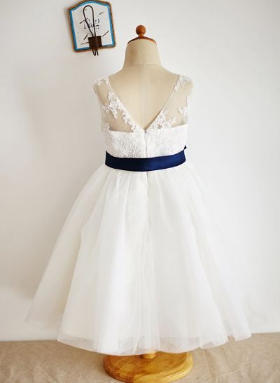 A-line/Princess Illusion Neck Knee-Length Lace Tulle Flower Girl Dress With Sashes