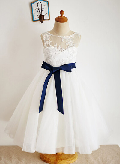 A-Line/Princess Illusion Neck Knee-Length Lace Tulle Flower Girl Dress With Sashes