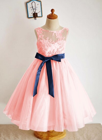 A-Line/Princess Illusion Neck Knee-Length Lace Tulle Flower Girl Dress With Sashes