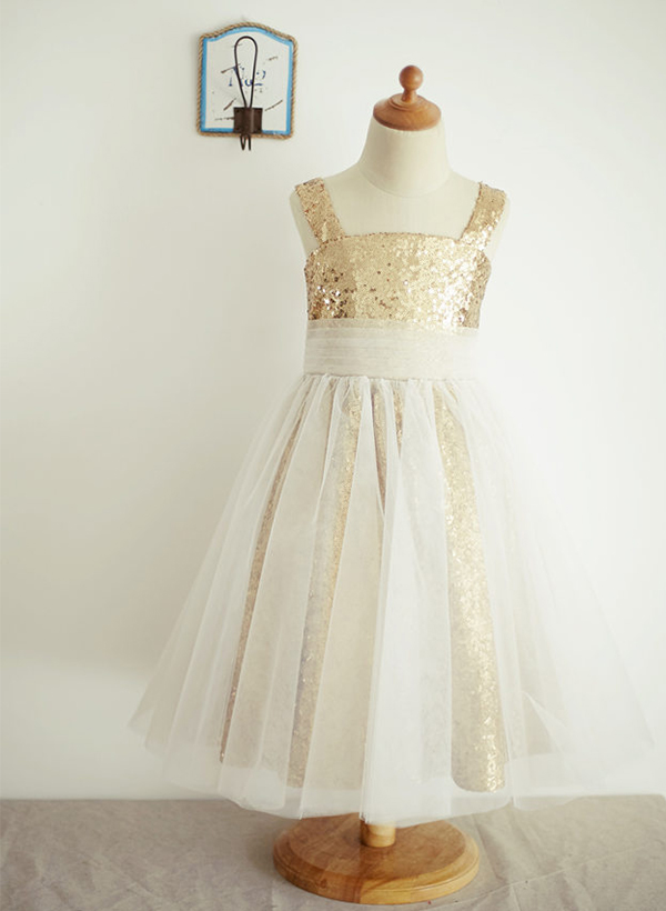 A-line/Princess Square Neckline Tea-Length Tulle Sequined Flower Girl Dress