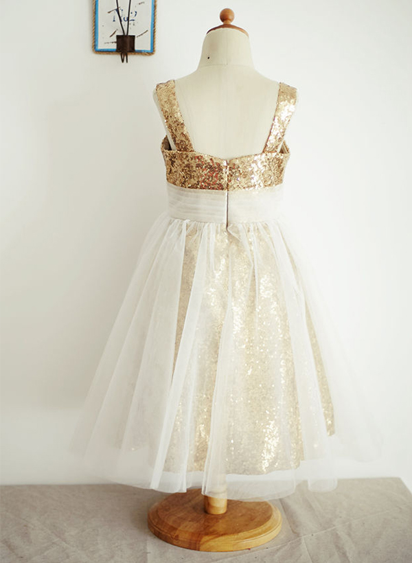 A-line/Princess Square Neckline Tea-Length Tulle Sequined Flower Girl Dress