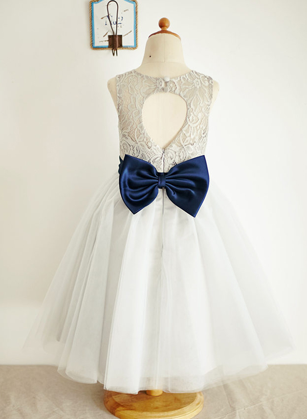 A-line/Princess Scoop Neck Tea-Length Lace Tulle Flower Girl Dress With Bowknot Sashes