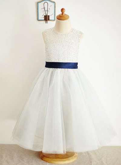 A-Line/Princess Scoop Neck Tea-Length Lace Tulle Flower Girl Dress With Bowknot Sashes